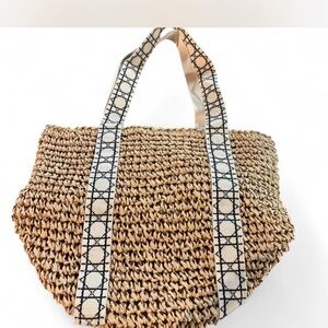Woven Tan Tote Bag with Patterned Straps